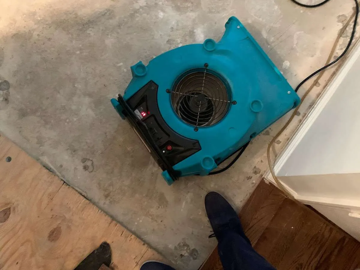Air mover drying subfloor during Commercial Water Damage Restoration in Brea